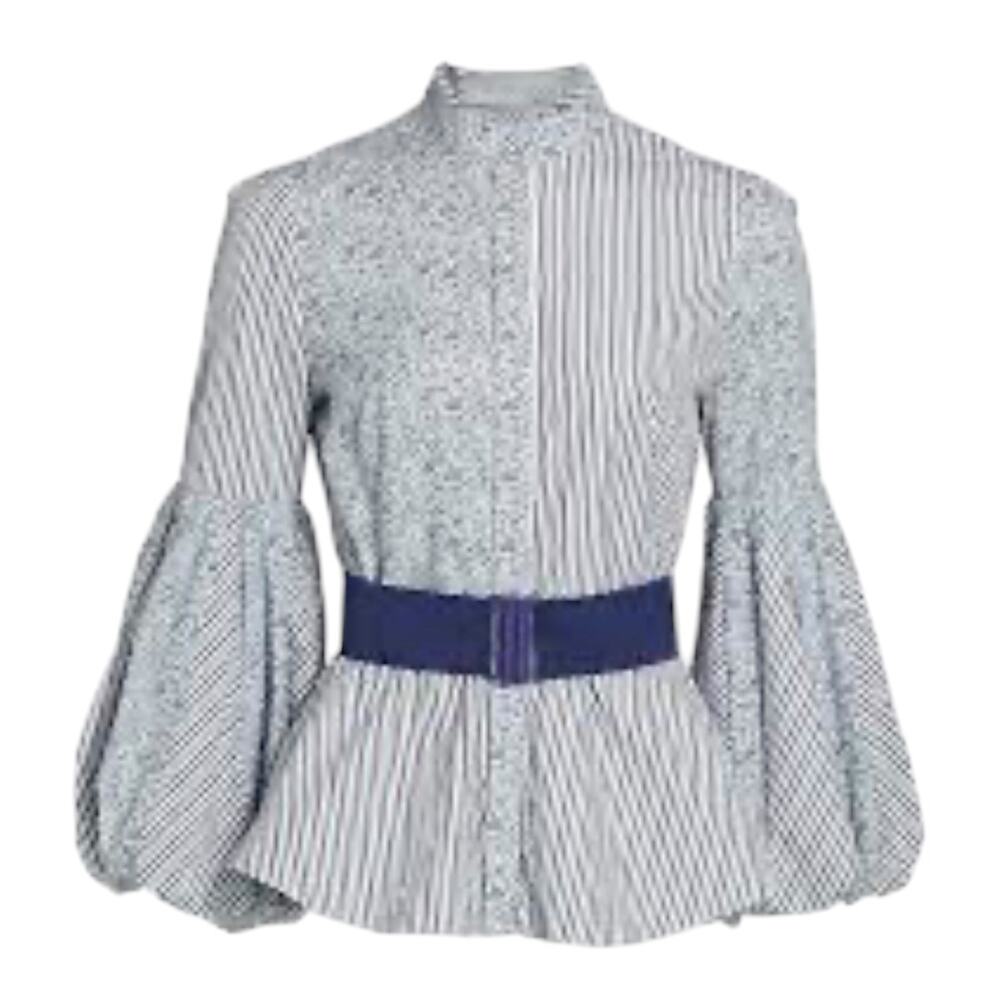 Silvia Tcherassi Celestia Belted Puff Sleeve Striped White Blue Blouse Size M - Picture 3 of 16